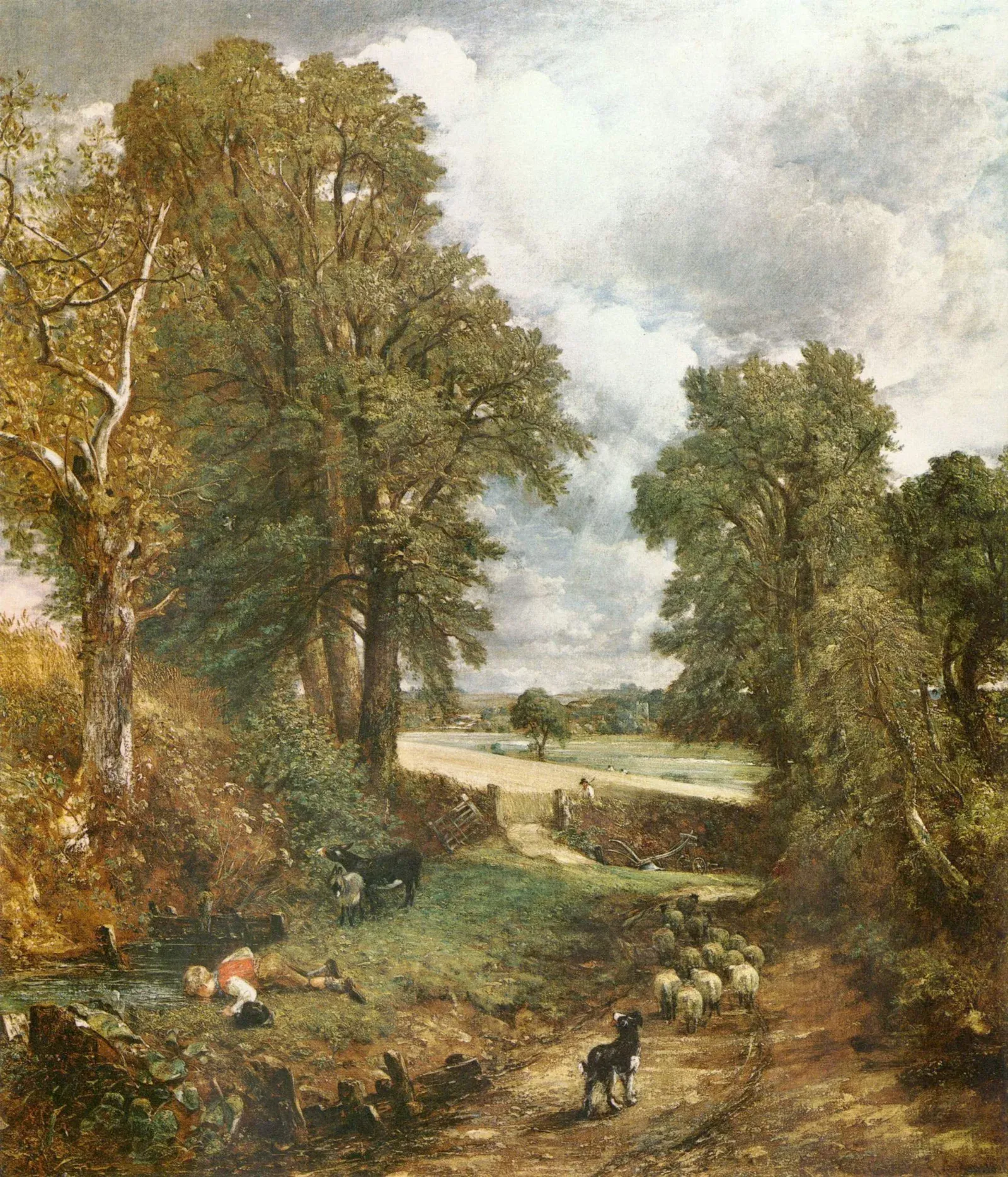 A shaded country lane under tall trees, a boy lying flat to drink from a pool, a dog and sheep on the path, and a sunlit cornfield beyond.