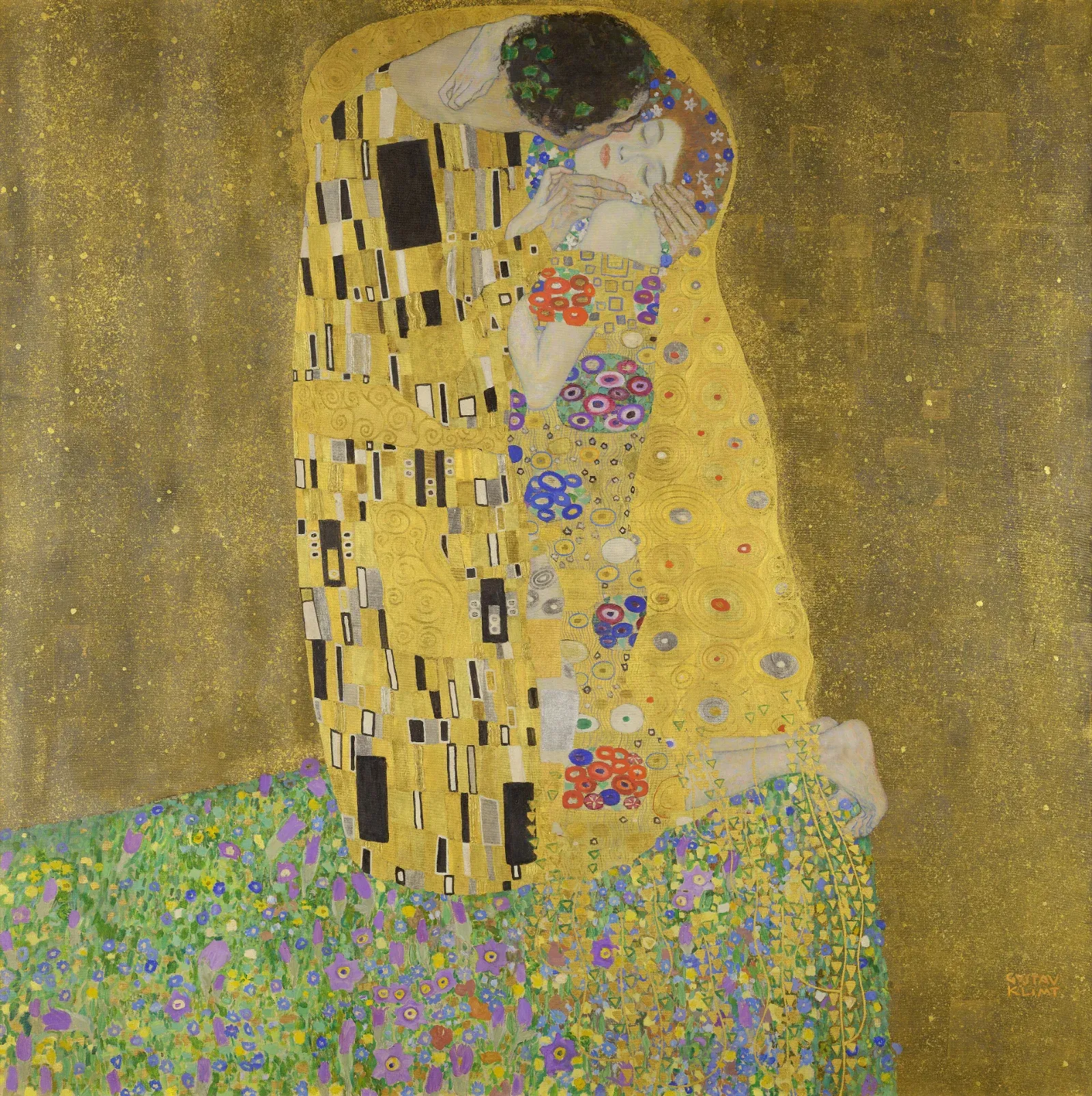A man and a woman embrace in a shimmering golden robe patterned with rectangles and circles, kneeling at the edge of a meadow of flowers against a gold background.