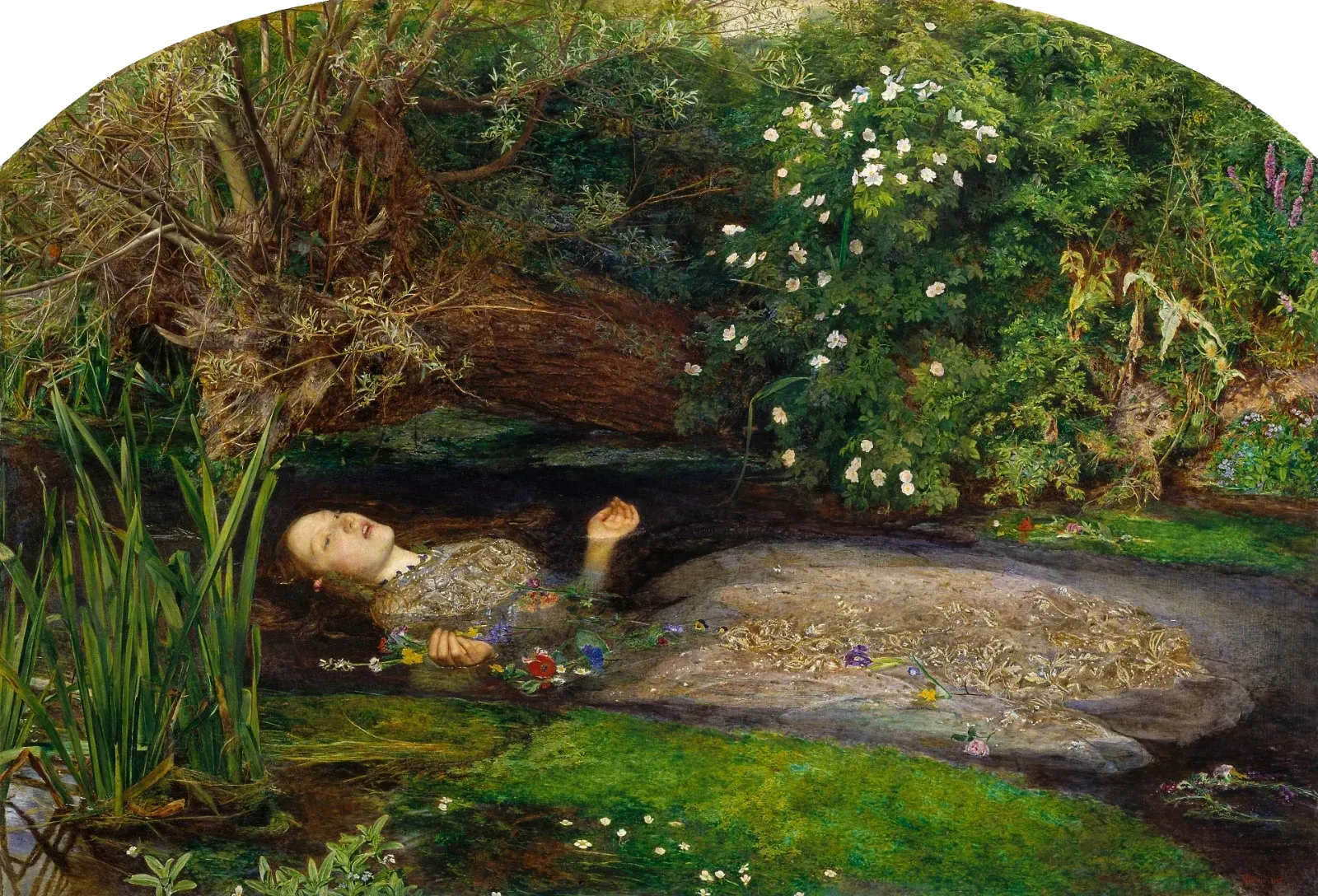 Ophelia floating on her back in a green river, her silver dress spread on the water, hands open, surrounded by flowers and overhanging plants.