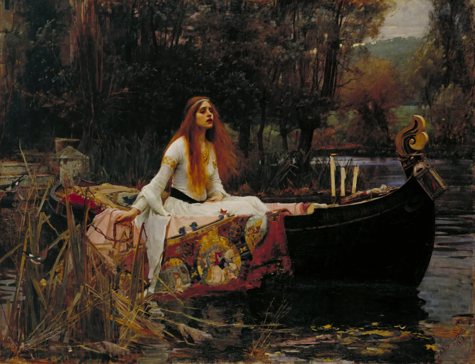 A pale young woman with long red hair sits in a small boat on a reedy river, draped tapestry beneath her, holding a chain, with candles and a crucifix at the prow.