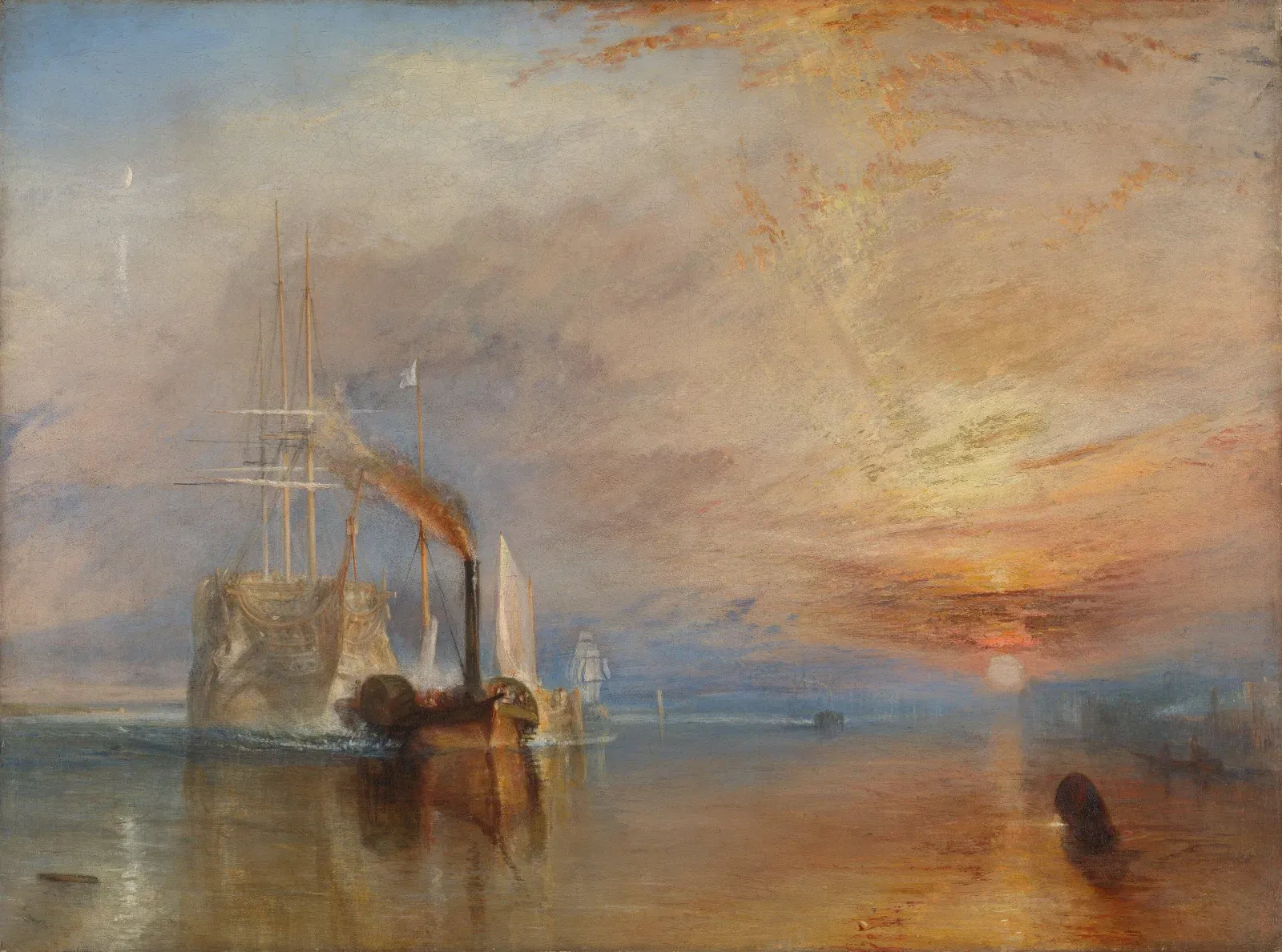 A pale old sailing warship towed across a calm river by a small dark steam tug, under a blazing orange and gold sunset.